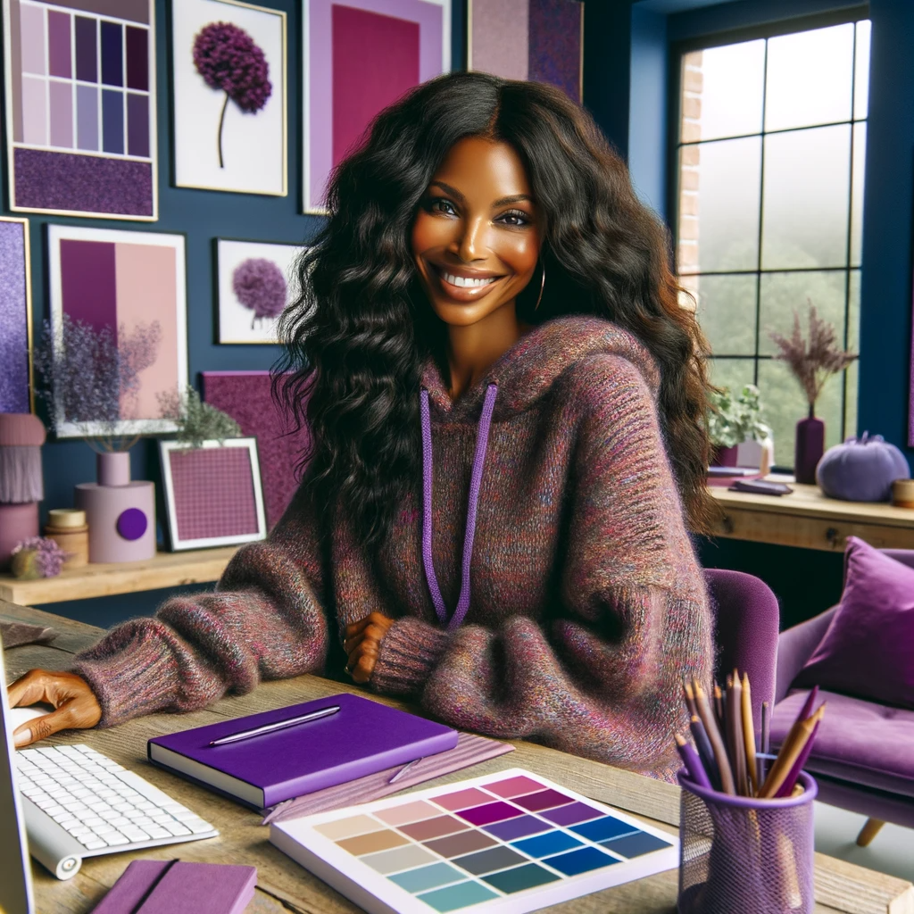 Black woman in her early 40s with long wavy hair and a cozy knit hoodie smiles as she looks at color palettes in her vibrant purple-themed home office.