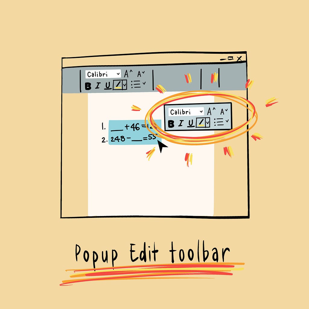 A sketch of a Popup Edit Toolbar after highlighted text