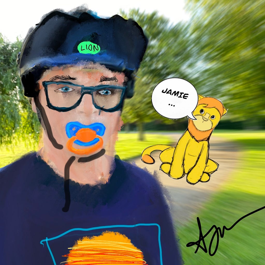 Illustation of Jamie Selfie of an adult man white on a blurred path close selfie illustration wearing classes a helmet with the word lion, glasses blue eyes and a blue and orange dummy and lion plush toy lion in background saying Jamie in speech bubble