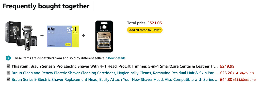 Amazon displaying “frequently bought together” options on product detail pages