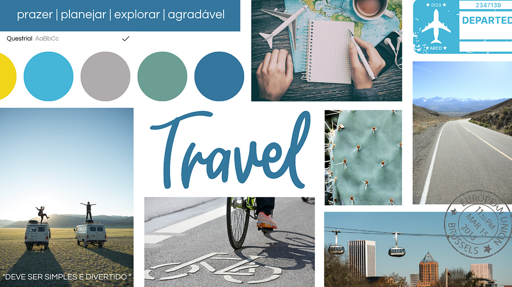 Moodboard with images connected to travel items, such as roads, bags, paper, airplanes, sky, bike lane, vans. The predominant colors are green, blue, grey and the words are explore, plan and pleasant.
