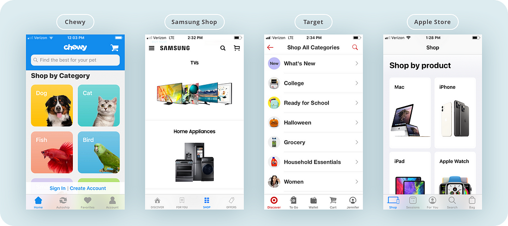 Chewy, Samsung Shop, Target, and Apple display product categories differently. I.e. Target uses lists while Apple uses cards.