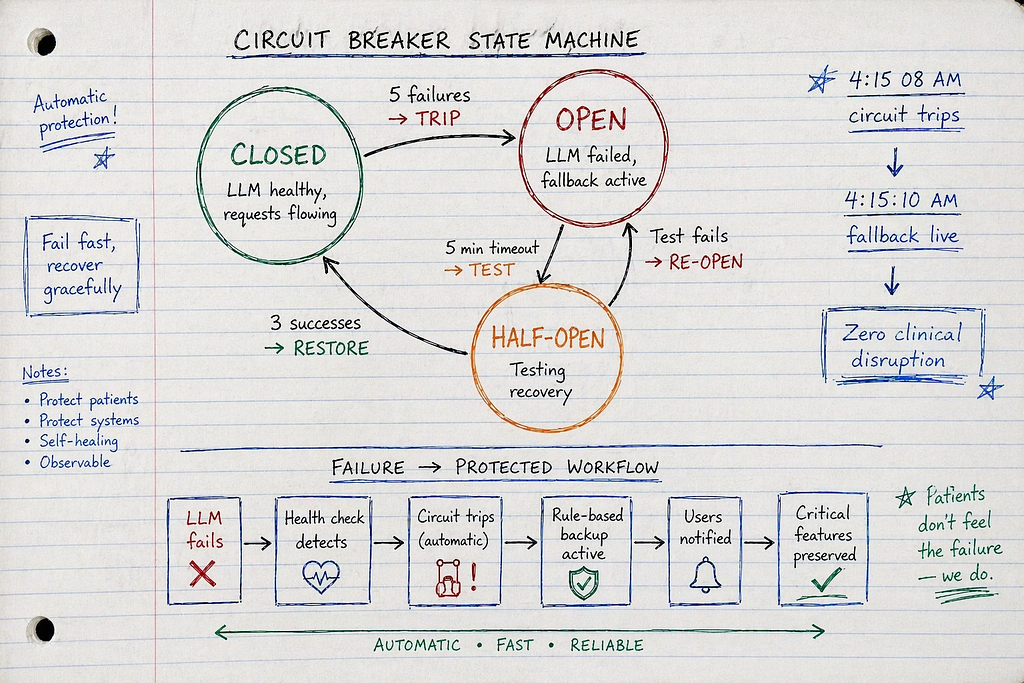 Hand-drawn circuit breaker pattern in engineer’s notebook showing three states (CLOSED, OPEN, HALF-OPEN) with transition conditions and automatic failover workflow. Annotations show real incident timeline: circuit trip at 4:15 AM, fallback activation, zero clinical impact. Ballpoint pen on lined paper with timing details and state transitions clearly marked.