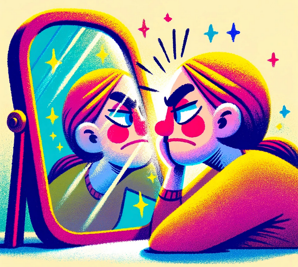 A colorful and expressive doodle, in a whimsical style, depicting a woman with a clear expression of annoyance with herself as she leans her head against a mirror. The woman’s features are cartoonish, with pronounced expressions such as a furrowed brow and a slight scowl, indicating her frustration or annoyance, specifically directed towards herself.