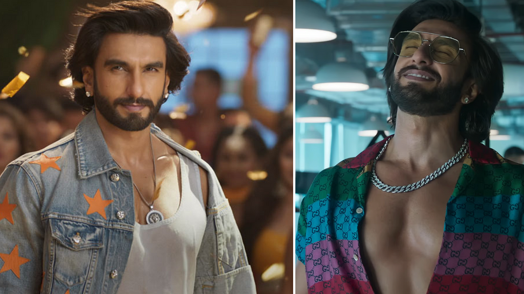 This image has two pictures of Ranveer Singh as Rocky Randhawa in Rocky aur Rani kii Prem Kahani. In the left, he wears a jean jacket and a tank top. On the right he wears a rainbow coloured shirt and yellow sunglasses.