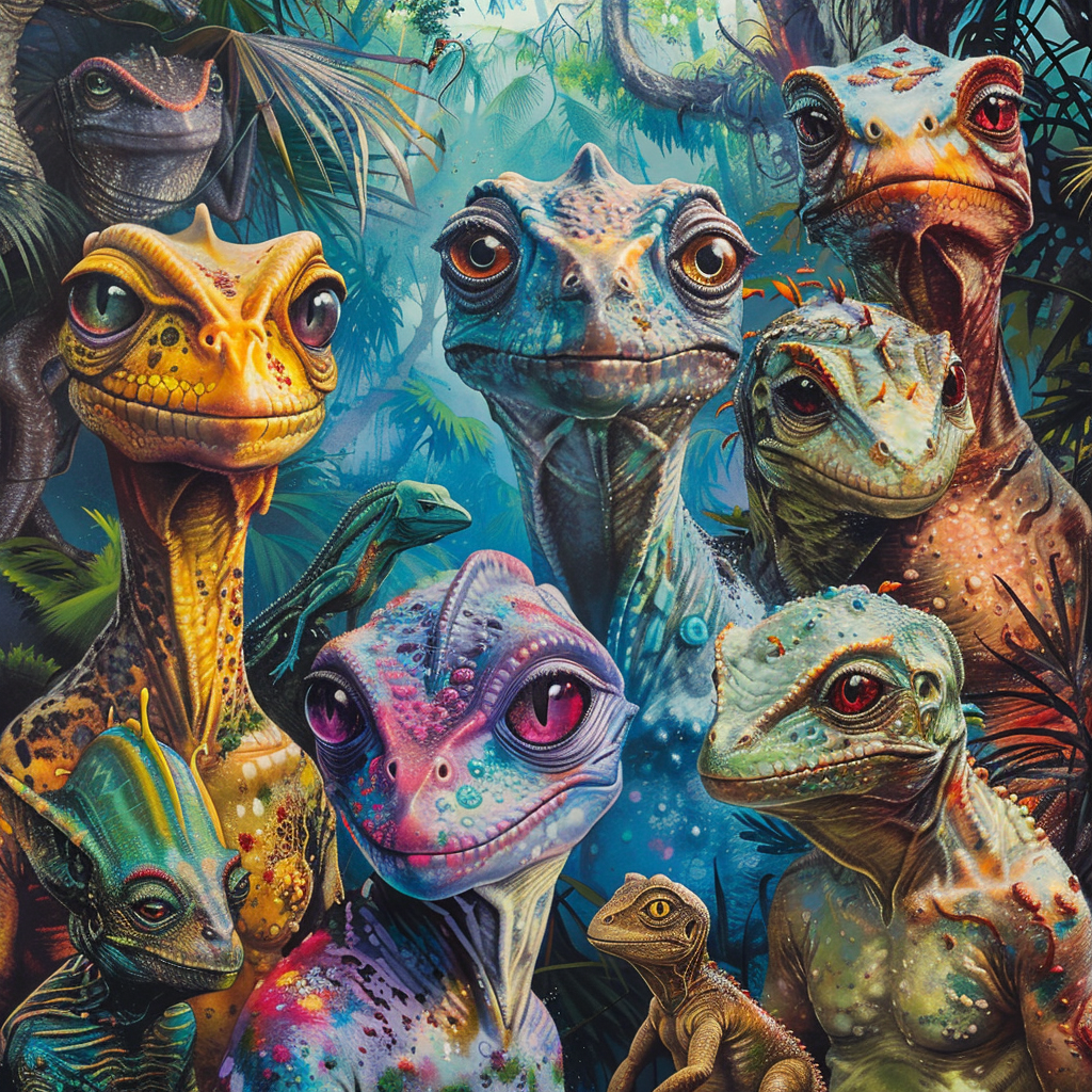 Image of a group of colorful, detailed fantasy lizards in a lush jungle environment. Each lizard has a unique design with vibrant colors and intricate patterns, creating a whimsical and enchanting scene.