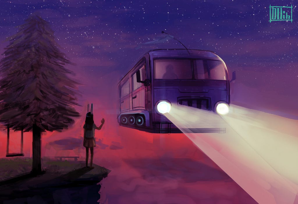 Garota coelho fazendo sinal para ônibus flutuando no estrelado do ceu purpura e roseo, arvore com balanço e banco ao longe.