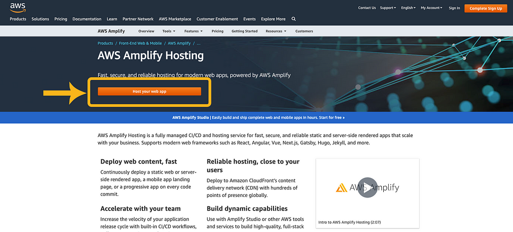 Amplify Hosting website main page.