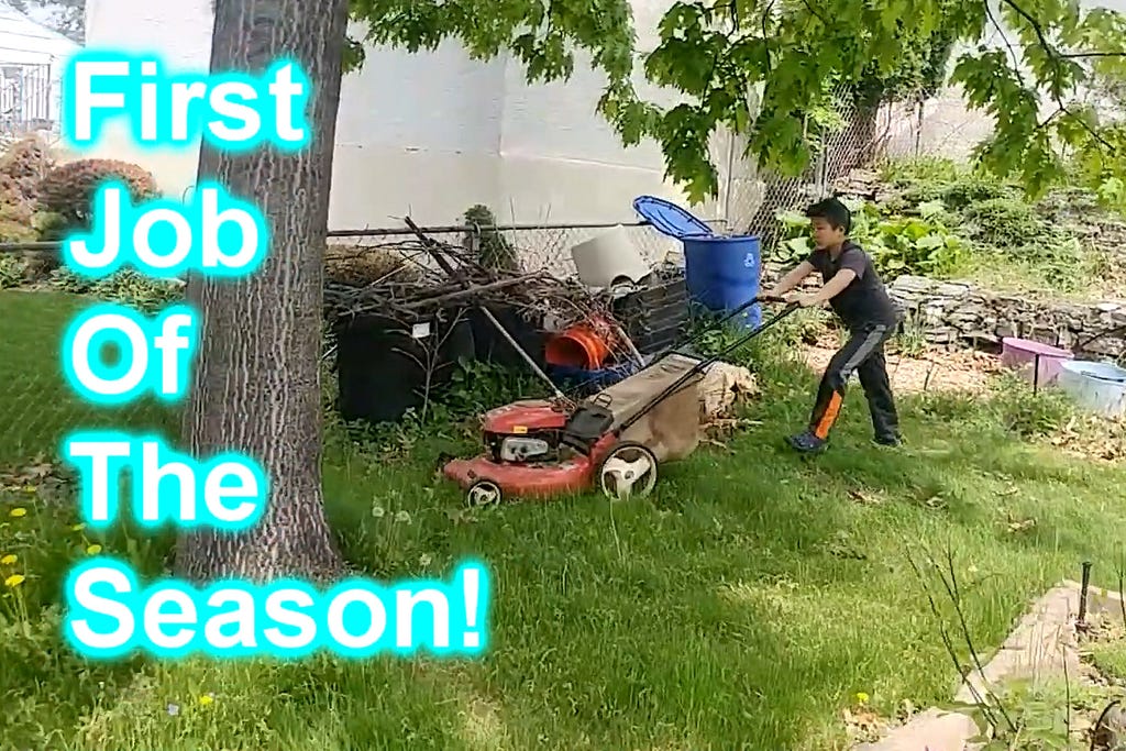 Young boy mowing lawns with text that says First job of the season