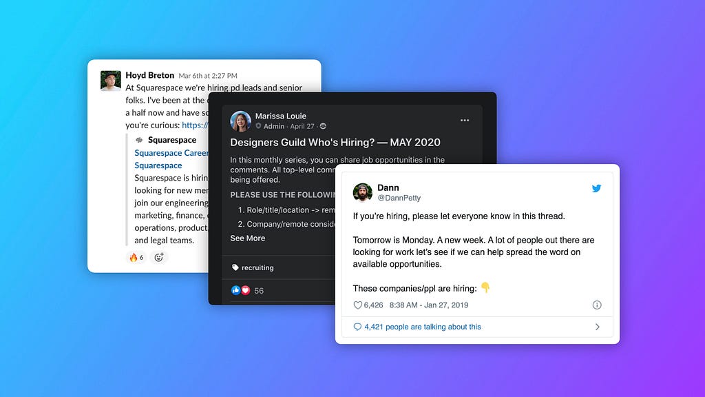 Screenshots of Slack, Twitter, and Facebook Groups