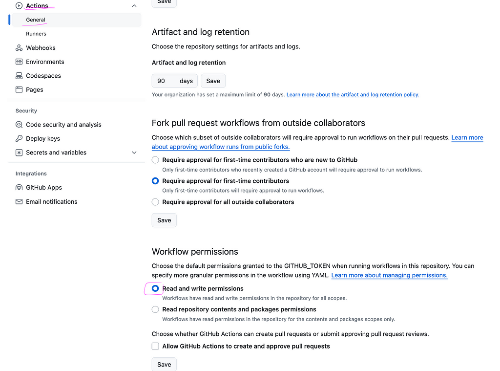 Screenshot showing how to navigate to repository settings, access Actions settings, and set workflow permissions in GitHub, made by the author