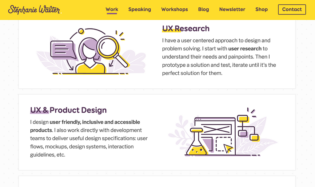 Un piacevole sito con illustrazioni chiare e pulite e una palette giallo-viola piacevole a vedersi.