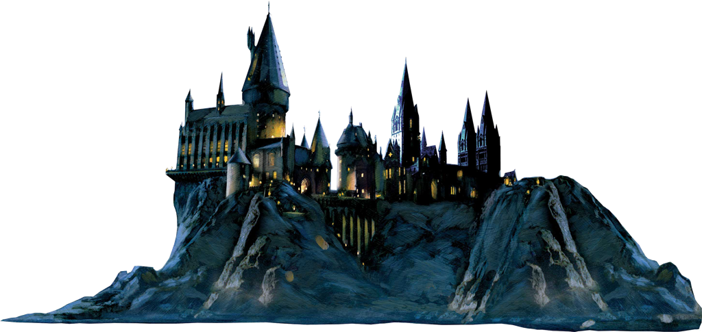 Hogwarts, an enormous castle at night.