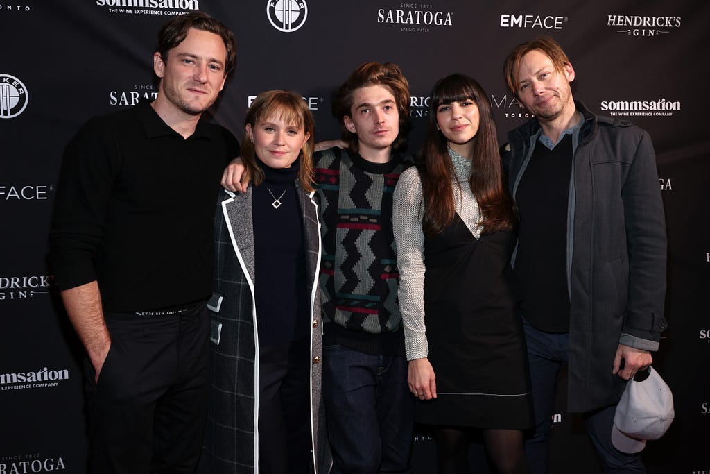(l.-r.) Lewis Pullman, Eliza Scanlen, Austin Abrams, Laurel Parmet, and Jimmi Simpson at THE STARLING GIRL post-premiere party at Zooz Cinema Center, sponsored by Sommsation. Photo by Mark Von Holden.