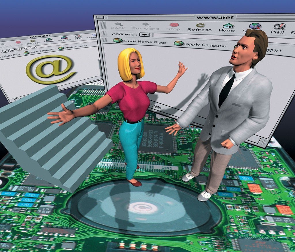 An early 3D rendering of a woman and a man gesturing to each other, standing in front of two web pages