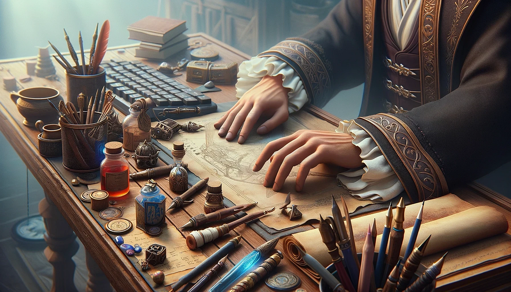 An NPC at a desk with multiple tools