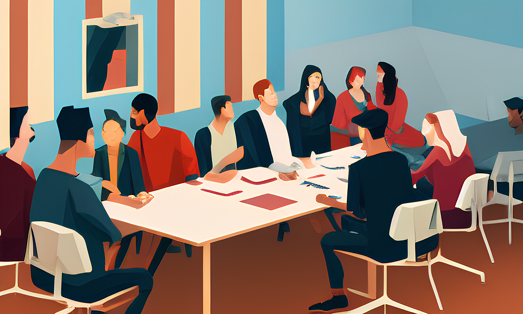 Vector illustration of a group of people sitting around a rectangular table discussing a project