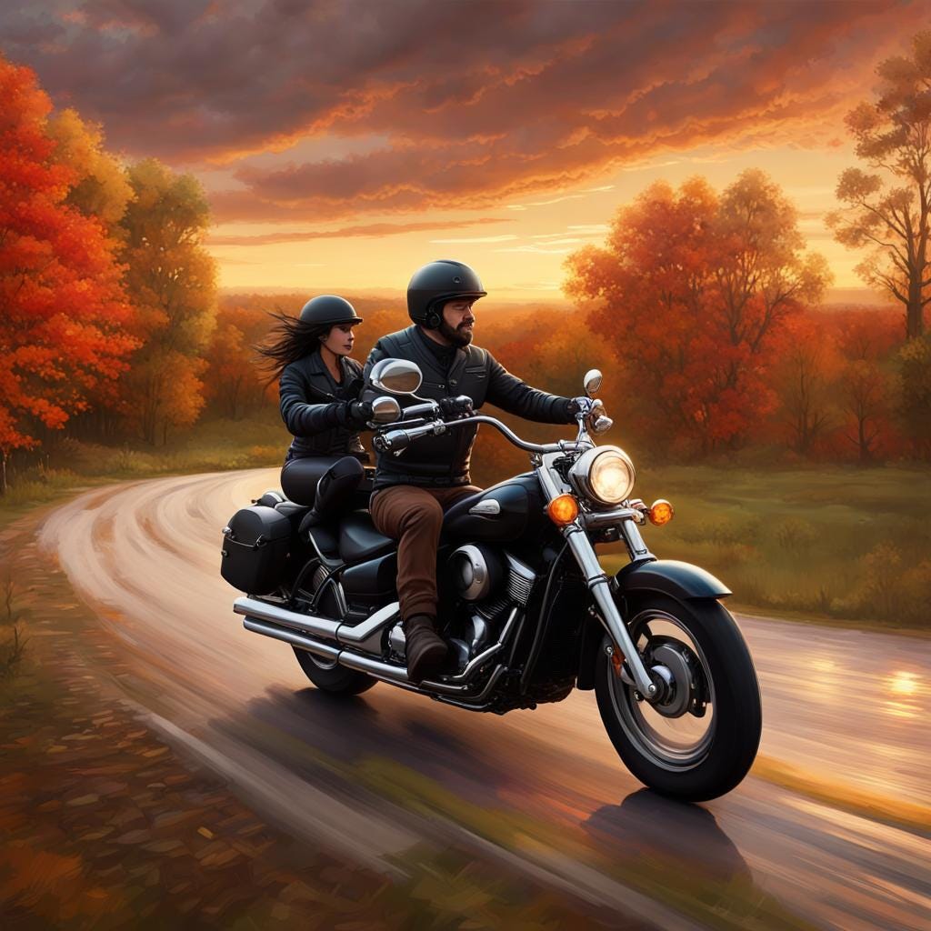 Two people ride a black motorcycle down a rustic Midwest country road at sunset.