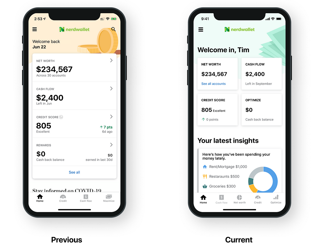 Two screenshots, showing the app’s home screen before and after the redesign. Before, information is stacked vertically and the only things “above the fold” are the user’s top financial numbers. After, the information is displayed more compactly so there’s additional space for a section called “Your latest insights.”