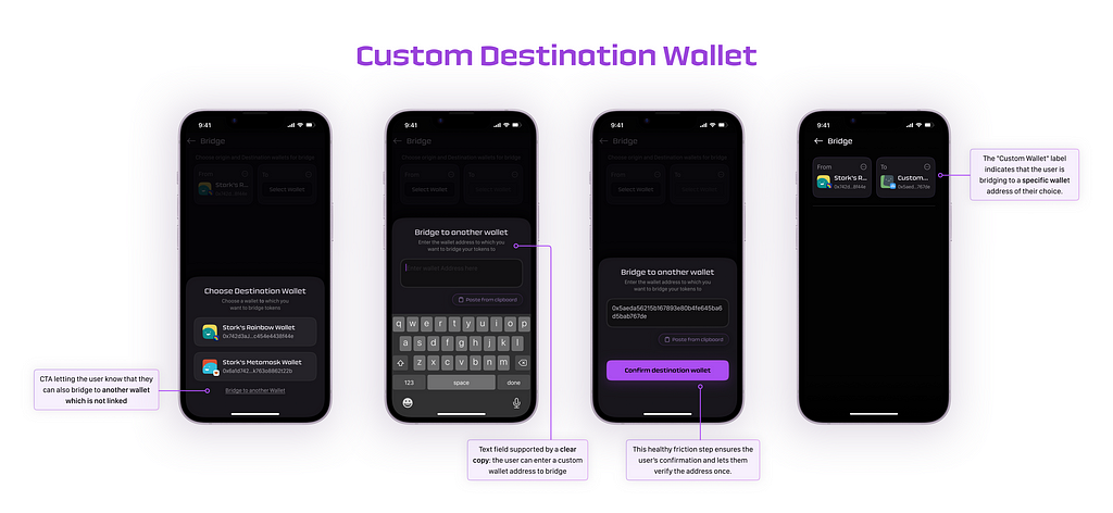 Custom destination wallet explaining UI