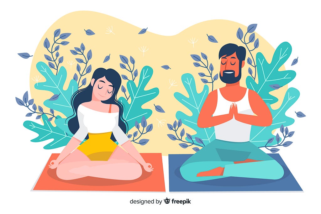 Duas pessoas (uma mulher e um homem) a meditar em posição de lótus