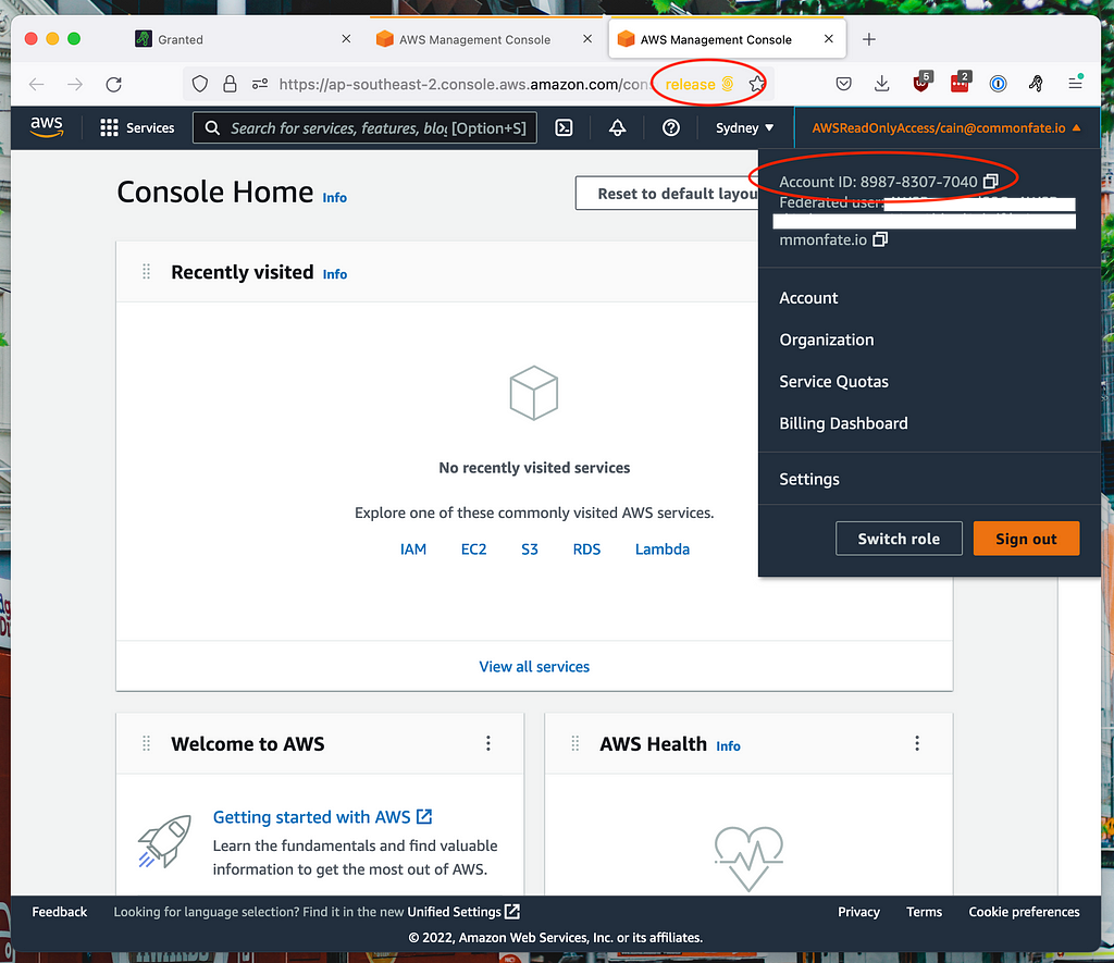 An open AWS console. This time it’s a different Account ID, and it’s open in a Firefox tab with the container name “release”.