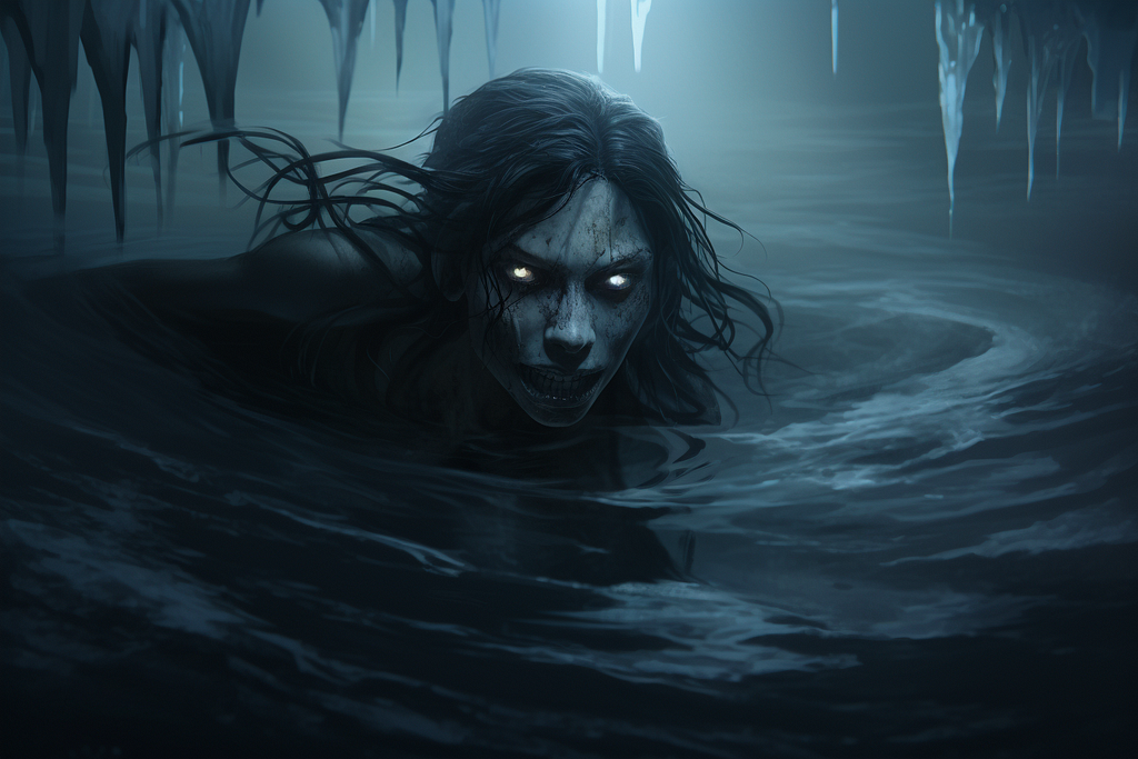 A scary Qalupalik, an Inuit mermaid-like creature who lives in the icy waters of the arctic regions, peeking out of the water at a potential victim.