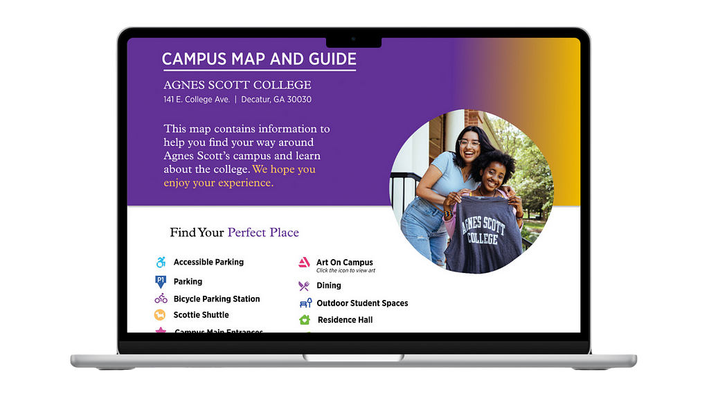 An image of the redesigned campus map and guide to Agnes Scott College, including an image of two students holiding an Agnes Scott sweatshirt and map icons for various features on campus.