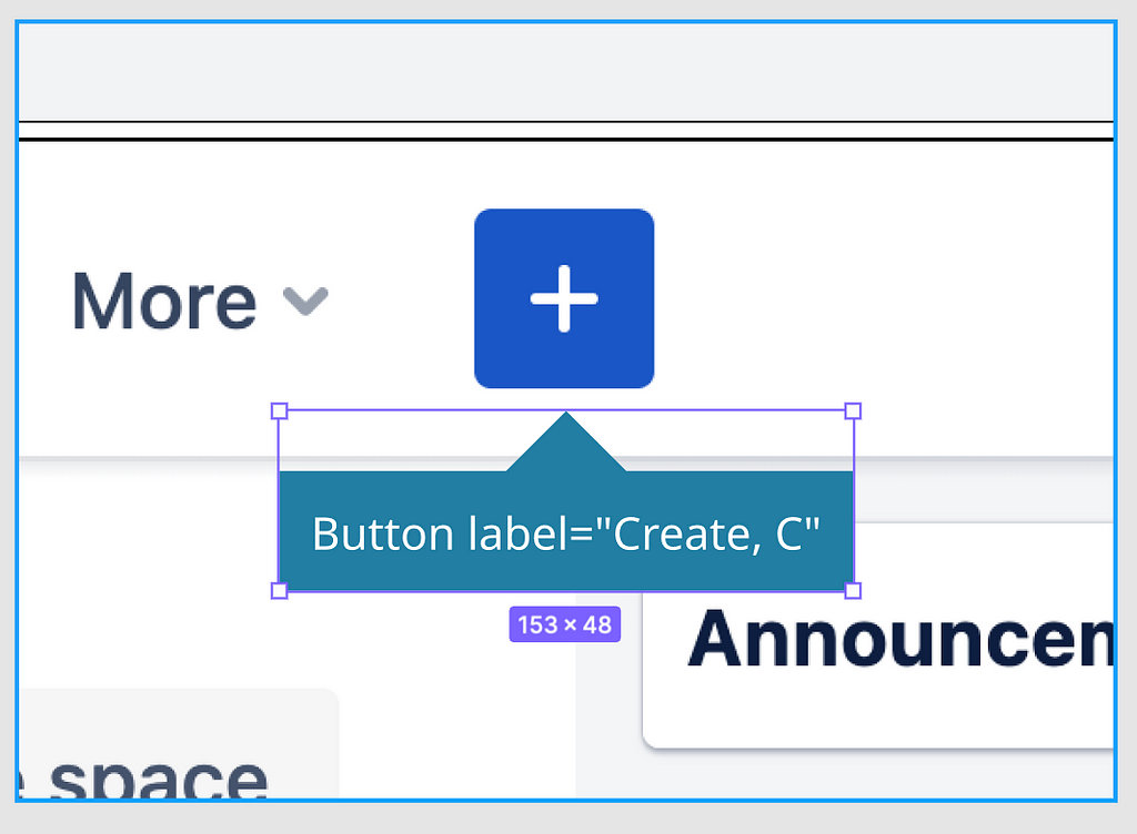 Callout reads Button label=”Create, C” for the + button