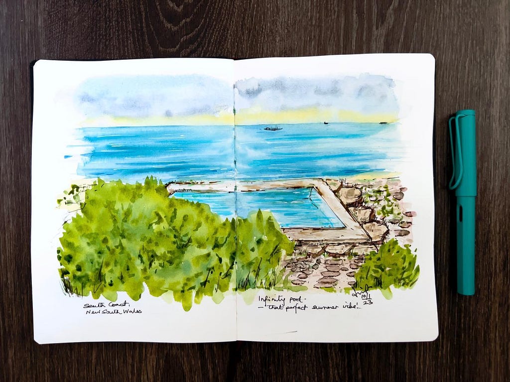 Watercolour painting of an infinity pool looking out to sea from the South Coast of Sydney.