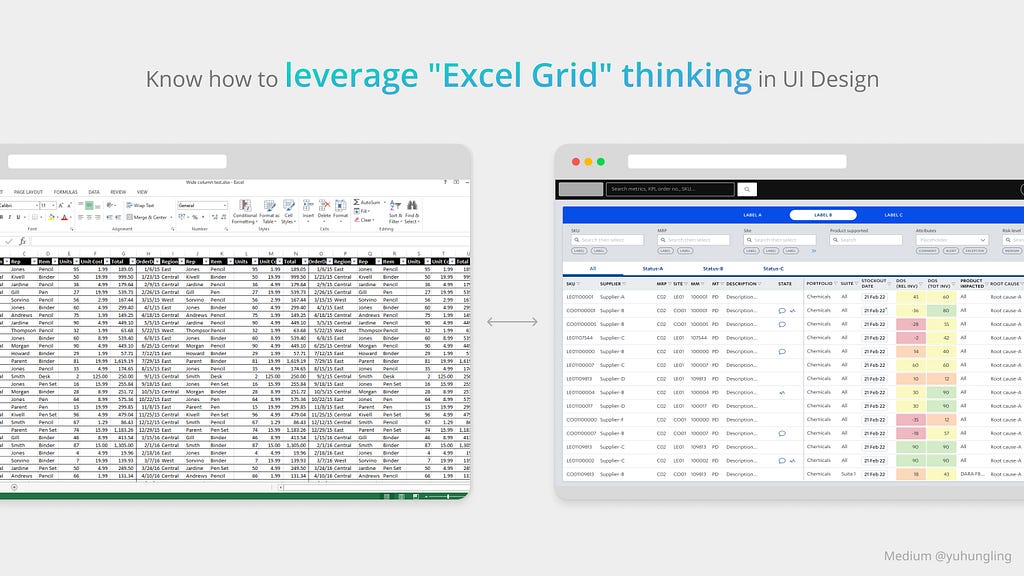 Body image 4: A typical spreadsheet is shown on the left, and a platform that displays data using a layout similar to the spreadsheet table is shown on the right.