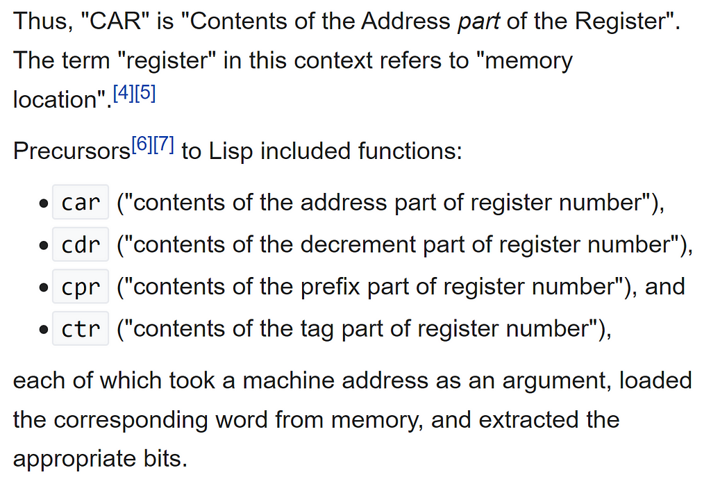 Print da Wikipedia: “car” = “Contents of the Address part of Register number” e “cdr” = “Contents of the Decrement part of Register number”.