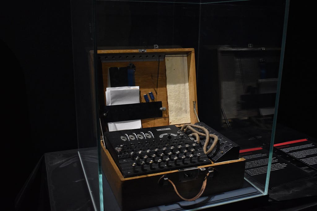 A german Enigma Machine, exposed at a museum.