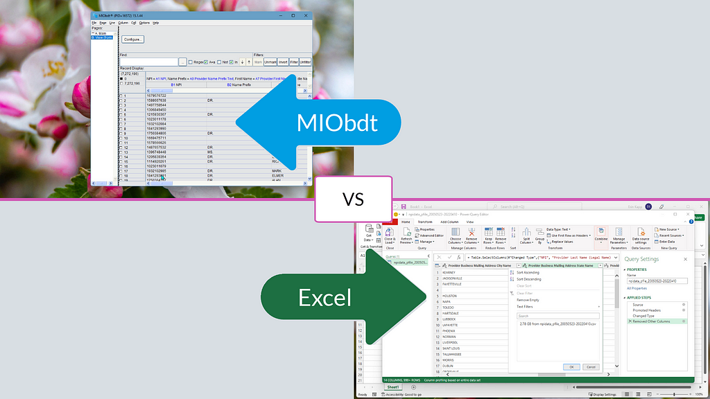 A screenshot of MIObdt set diagonally from a screenshot of Excel with “vs” in the center between them
