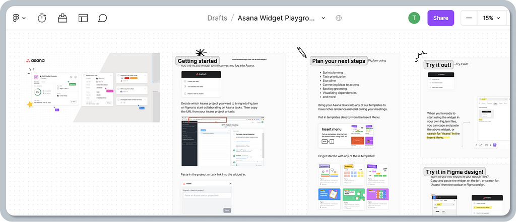 A screenshot showing how Asana uses FigJam’s canvas to onboard users to their widget in a fun way. The FigJam file starts with a graphic of the Asana widget, followed by structured groups like “Getting started,” “Plan your next steps,” “Try it out!” and “Try it in Figma design!” Each group shows instructions and screenshots.