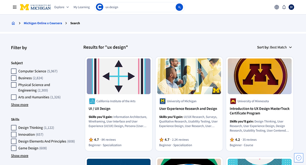 Screenshot of Coursera’s University of Michigan portal showing search results for “UX design,” with multiple course cards, filters for subjects and skills, and sorting options that make the interface visually dense and choice-heavy.