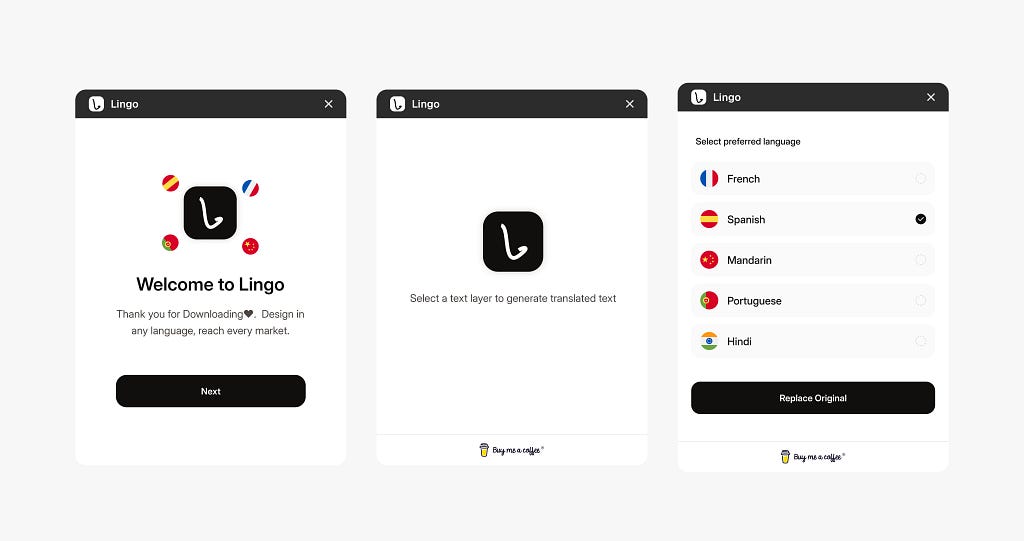 creenshot of the initial design draft of Lingo, a Figma plugin interface showing early layout and translation features.