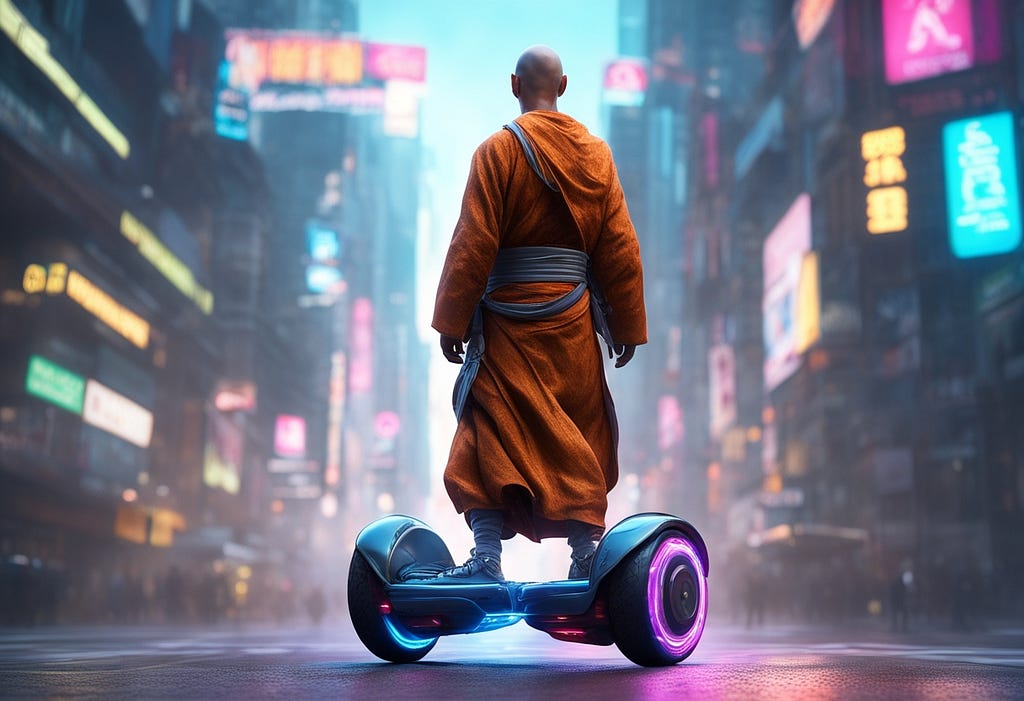 A calm monk effortlessly gliding on a hoverboard, symbolizing the smooth navigation through life’s challenges with emotional intelligence.