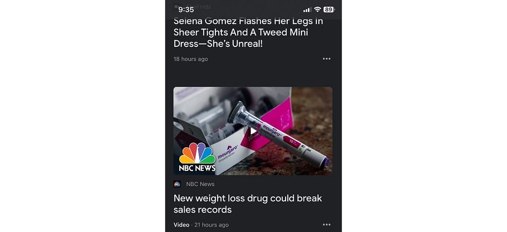 A scrrenshot of the Google News app. The headline reads “New weight loss drug could break sales records”