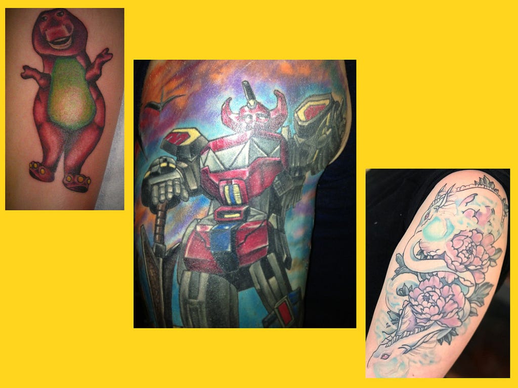 a collage of tattoos of barney, a power ranger megazord, and a souleater from inuyasha