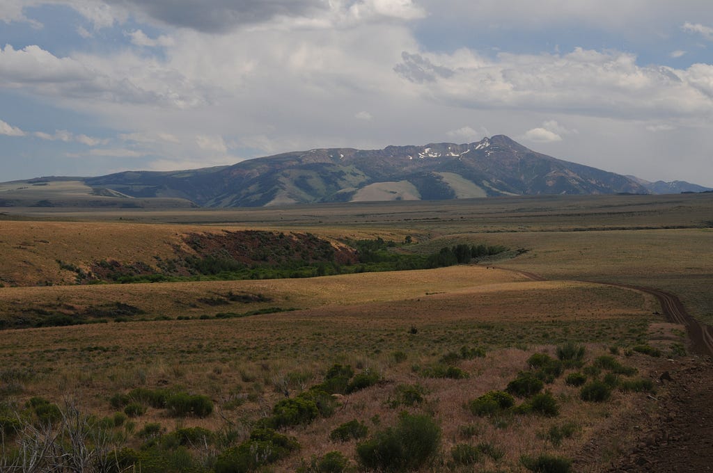 After driving up onto the Snake River plain on the northern road from Wild Horse Reservoir to Jarbidge, travelers finally see the Jarbidge Mountains to the south.