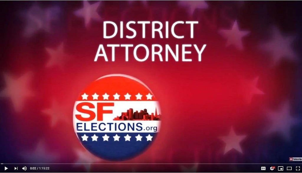 District Attorney title above SFelections.org button on a hazy red, white and blue background.