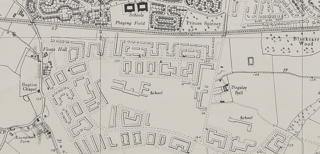 An Ordnance Survey map capturing an estate under construction: the houses and flats are being built yet there are no roads to service them.