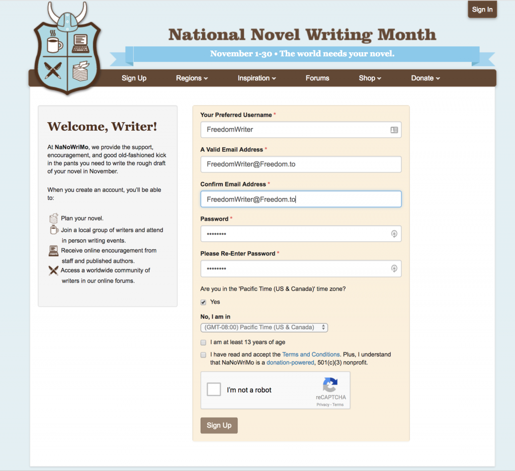 Sign-up for a NaNoWriMo account
