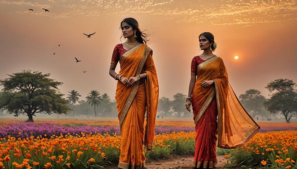 2 Indian ladies in a flower field