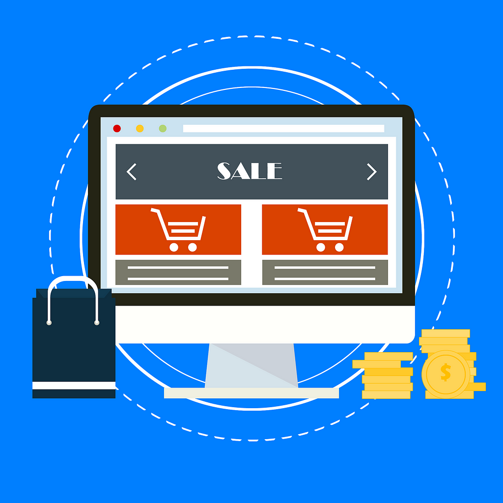 a graphic of a monitor displaying a sale and carts to represent reselling business essentials