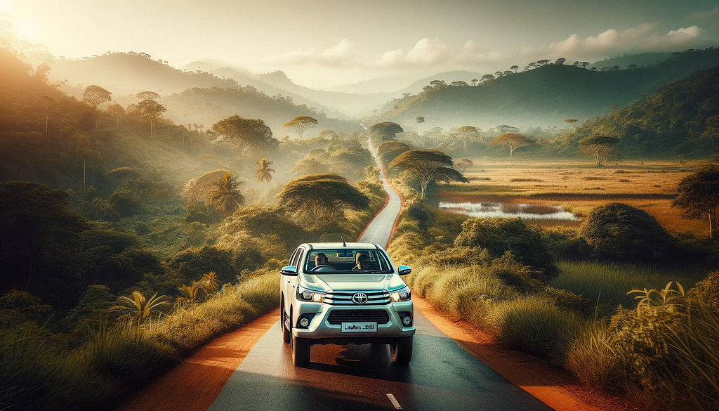 A Toyota Hilux vehicle making its way through the scenic route from Colombo to Yala National Park in Sri Lanka. The image showcases the Hilux amidst lush green landscapes, capturing the spirit of adventure and the anticipation of exploring Sri Lanka’s renowned wildlife sanctuary