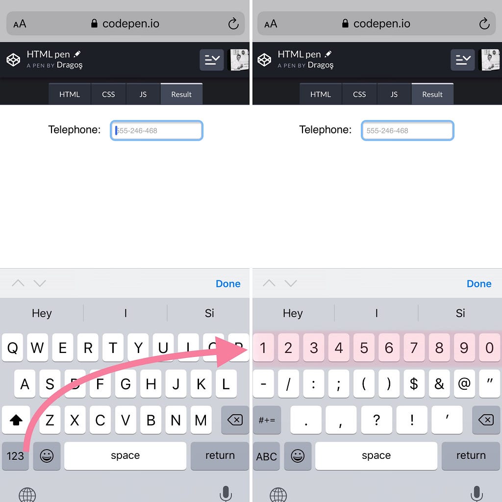 Side-by-side screenshots of the iOS on-screen generic keyboard: the ‘123’ button triggering the number and symbols keyboard