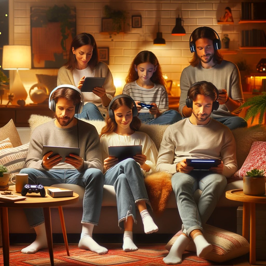 Dall-E. A vibrant portrayal of a family enjoying their electrical devices in a cozy setting.