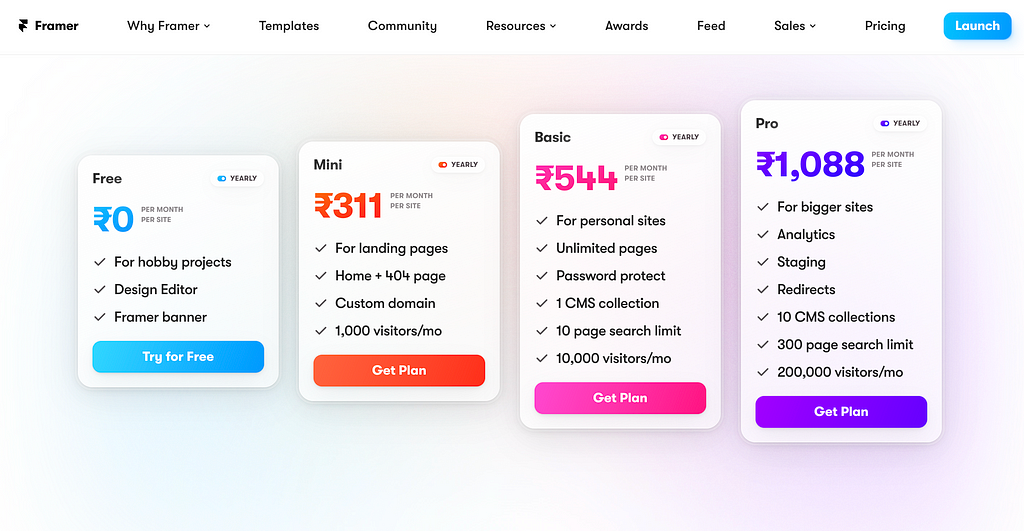 Framer’s pricing plan comparison on the website